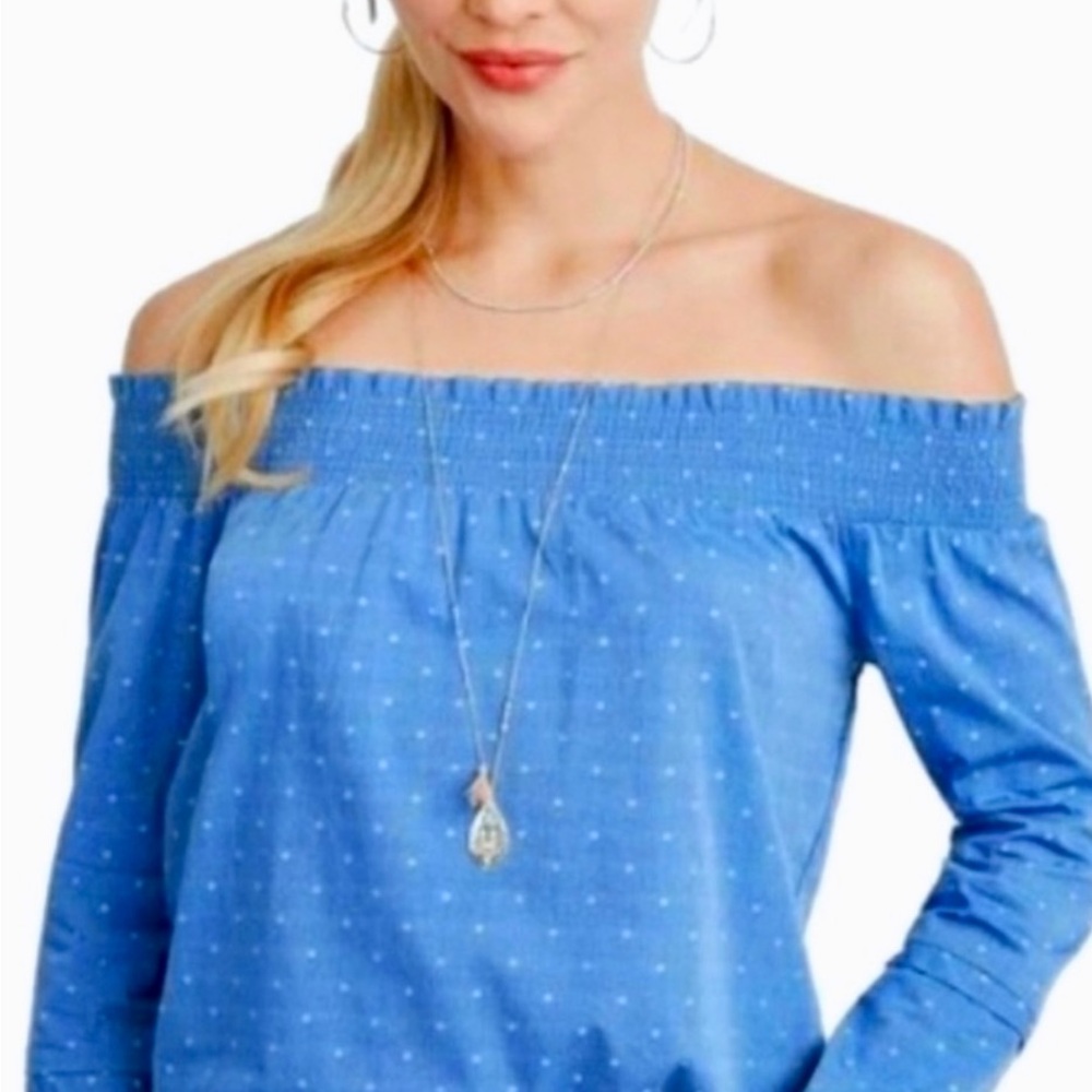 Maette Blue with white dots Smocked woven Off-Shoulder sexy cotton Blouse, M